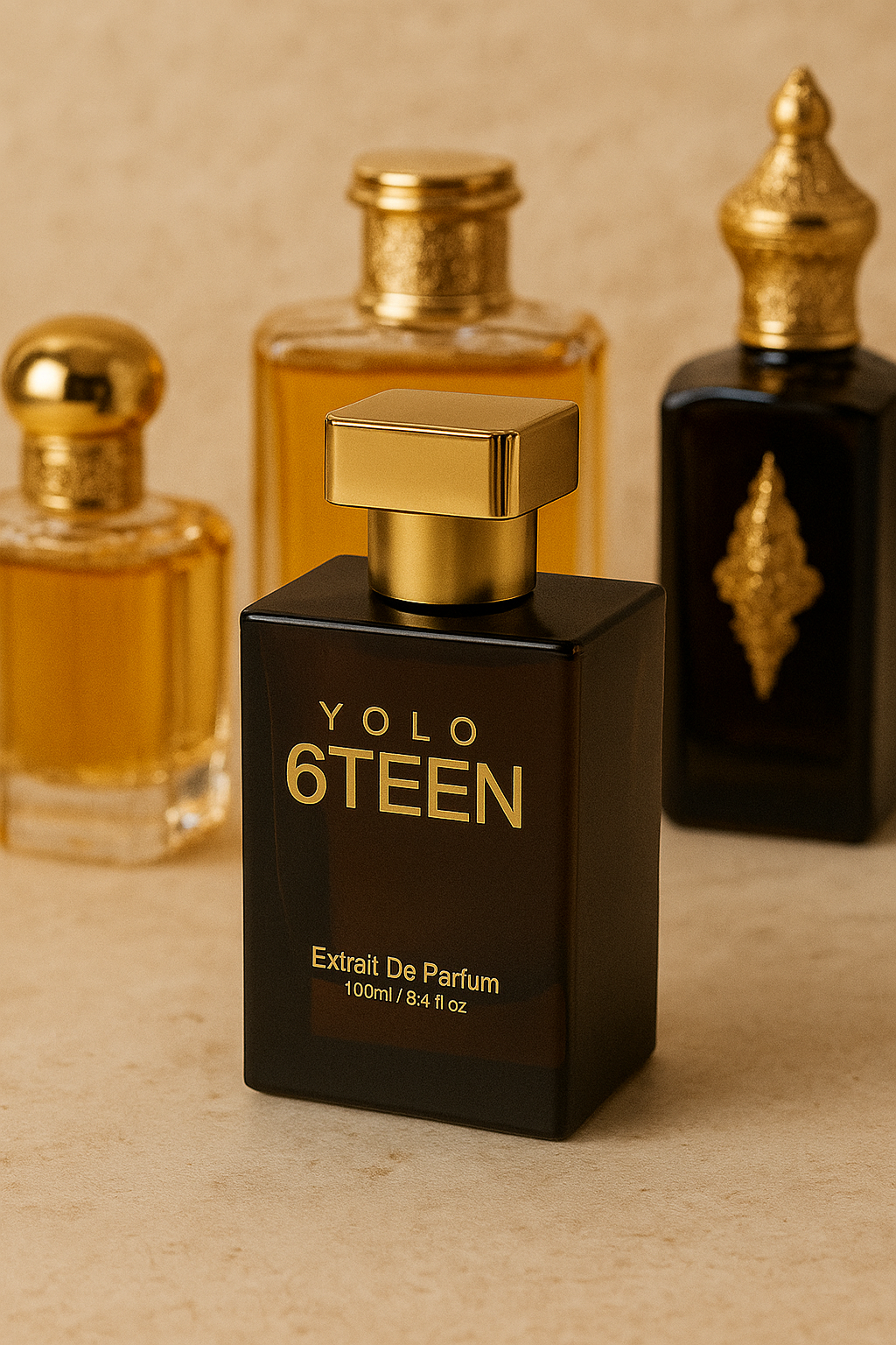 Luxury YOLO 6TEEN Extrait De Parfum 100ml black bottle with gold cap and two ornate perfume bottles