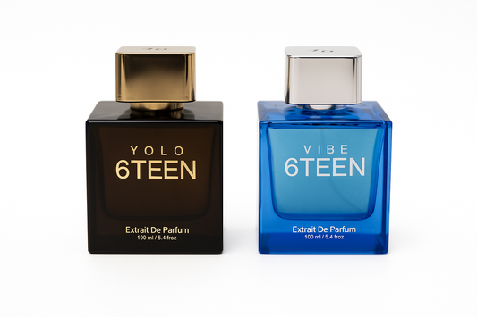 Two 100 ml 6TEEN Extrait De Parfum bottles, one black with gold cap labeled YOLO, one blue with silver cap labeled VIBE