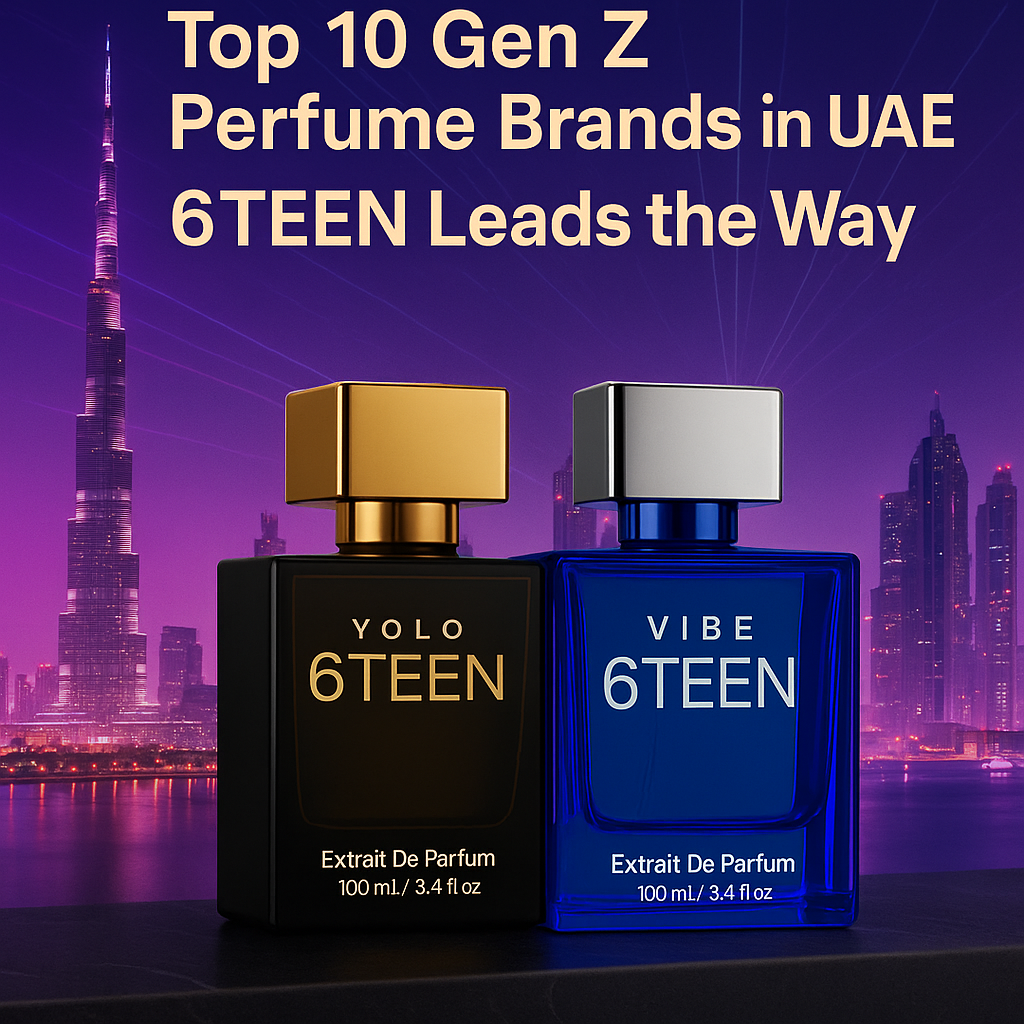 Top Gen Z perfume brands in UAE featuring 6TEEN YOLO and VIBE Extrait De Parfum bottles with Dubai skyline