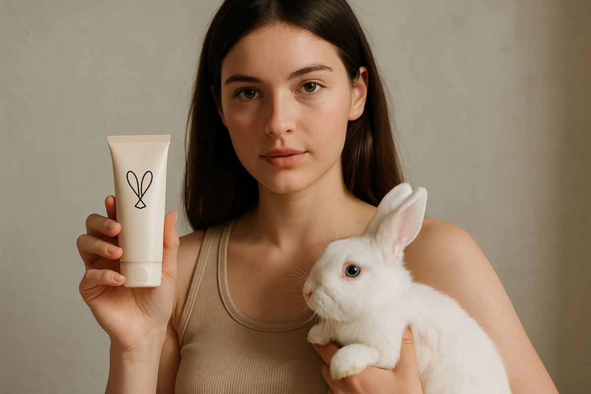 Young woman holding cruelty-free skincare product tube and white rabbit, symbolizing ethical beauty