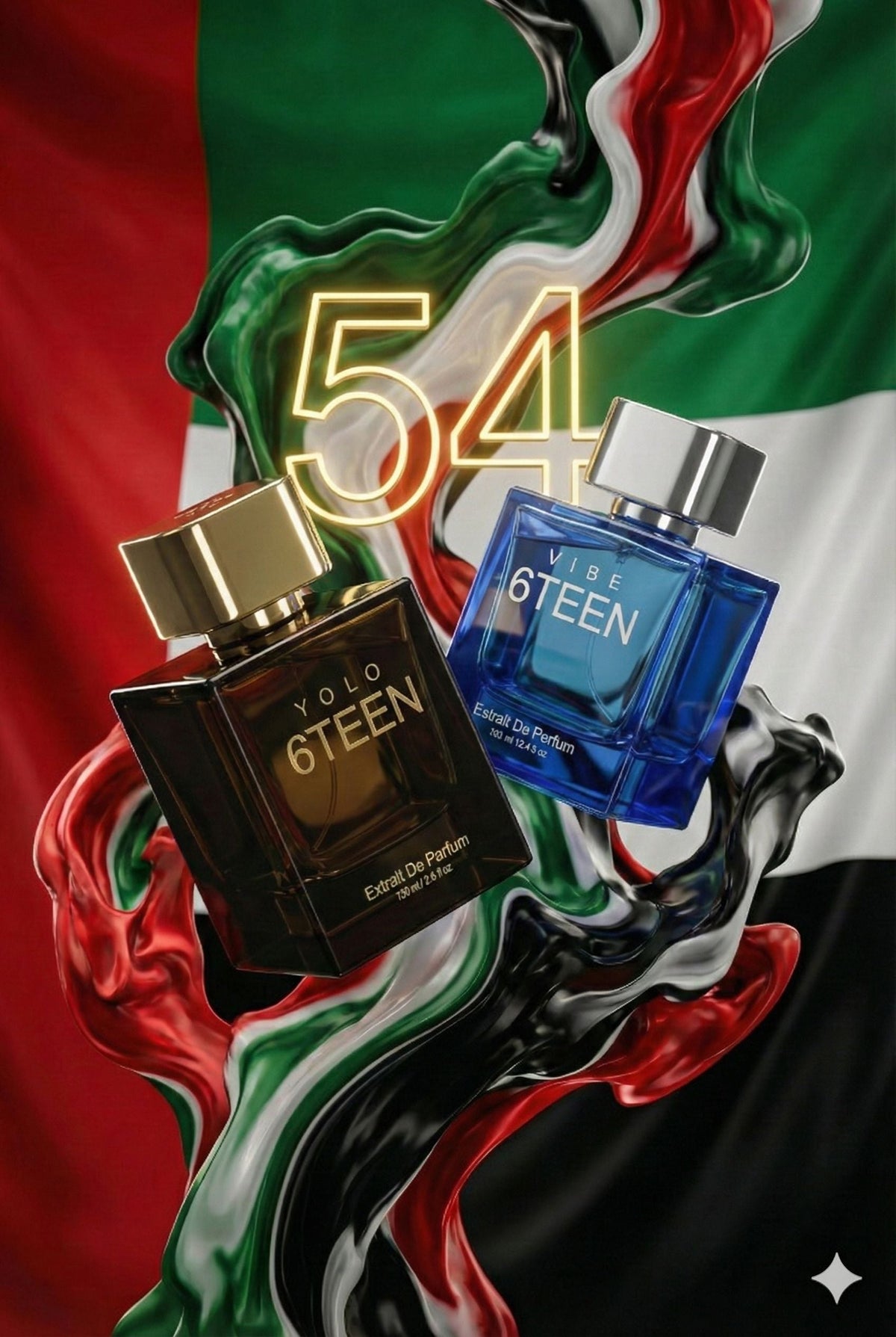 Black and blue 6TEEN perfume bottles with gold and silver caps against wavy Italian flag background and glowing number 54