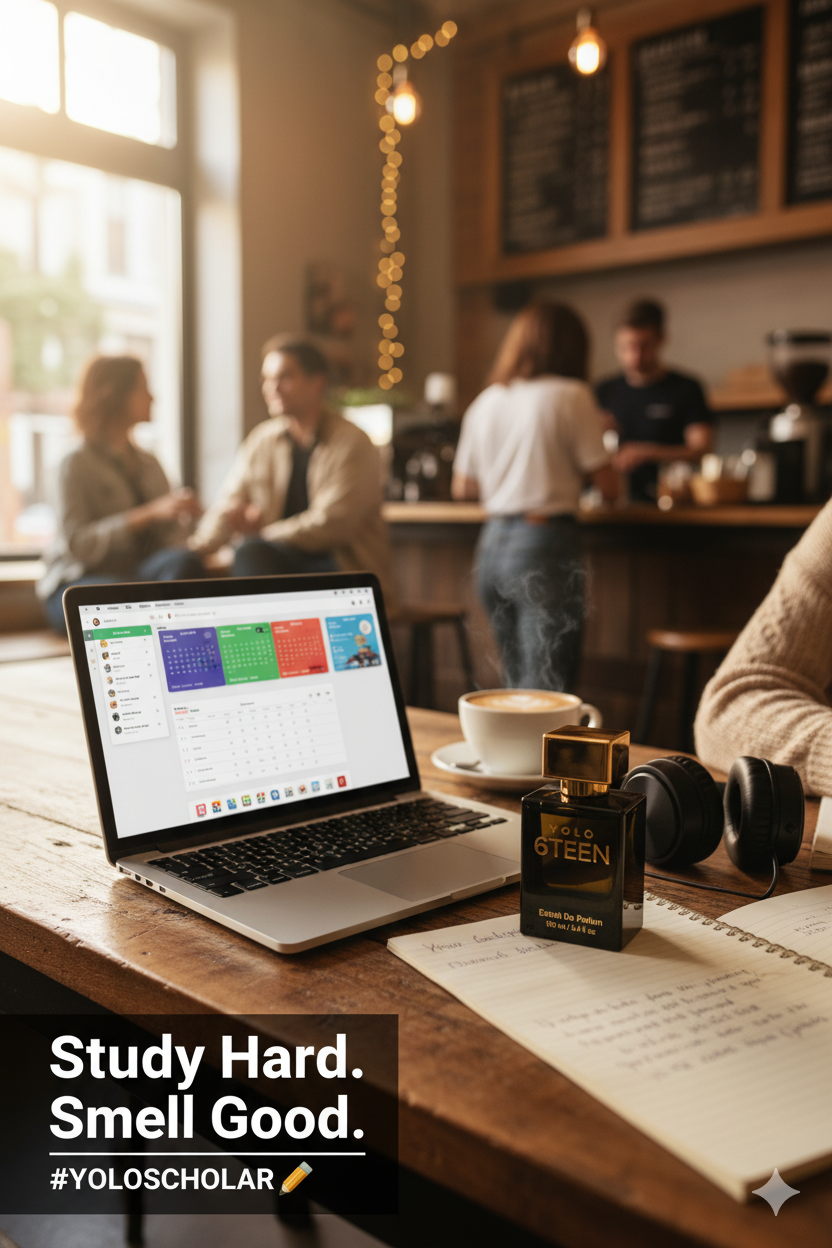 Perfume bottle YOLO 6TEEN on wooden table with laptop, coffee, headphones, and open notebook in cafe