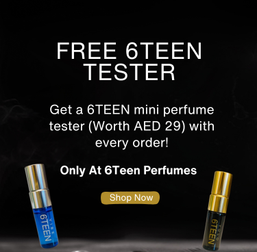 Advertisement for 6TEEN perfume with two bottles and promotional text on a dark background