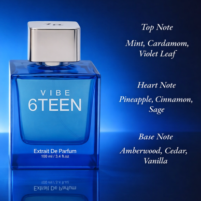 Blue perfume bottle labeled 'Vibe 6teen' with fragrance notes on a blue background