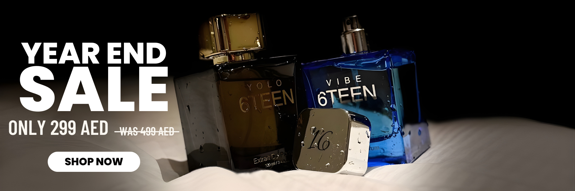 Two perfume bottles with 'Vibe' branding on a dark background, promoting a year-end sale.